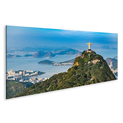 Bild auf Leinwand Luftaufnahme von Rio De Janeiro. Corcovado Berg mit Statue von Christus dem Erlöser mit Blick auf die Landschaft von Rio Wandbild Leinwandbild Kunstdruck Poster 120x40cm - Panorama von islandburner,