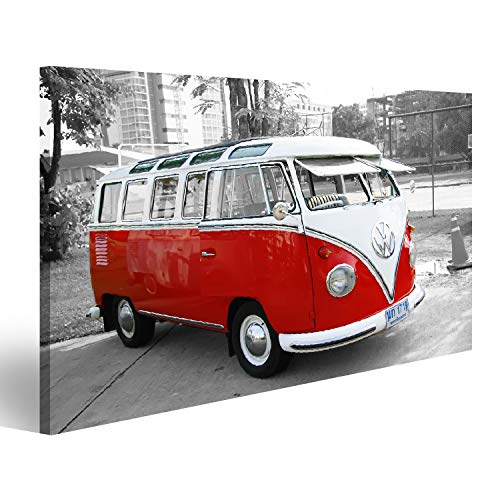 Bild auf Leinwand Roter Bus T1 vor Schwarz Weiß Hintergrund Wandbild Poster Kunstdruck Bilder 80x40cm von islandburner