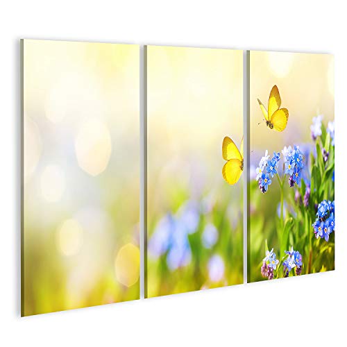 Bild auf Leinwand Schöner Sommer Frühling Wiese Blaue Blumen Vergissmeinnicht Zwei Fliegende Schmetterlinge Wilde Natu Wandbild Leinwandbild Bilder für Wohnzimmer GEZG-3P von islandburner