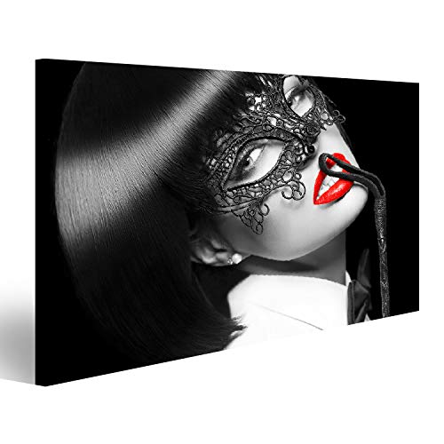 Bild auf Leinwand Sexy Frau in Maske, Peitsche auf roten Lippen, BDSM, selektive Färbung, schwarz-weiß mit roten Lippen. Isoliert auf Schw Wandbild Leinwandbild Kunstdruck Poster 80x40cm von islandburner,