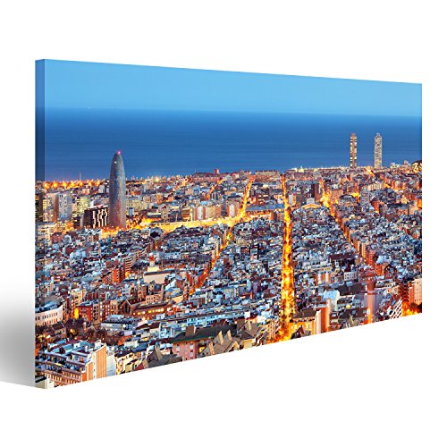 islandburner, Bild auf Leinwand Skyline von Barcelona, Luftaufnahme bei Nacht, Spanien Wandbild Poster Leinwandbild von islandburner,