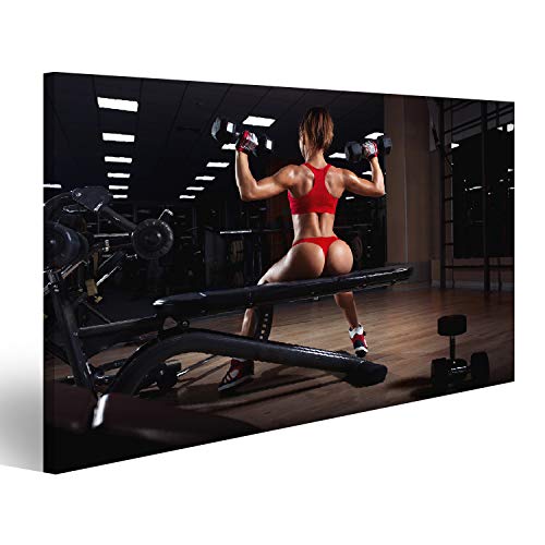 Bild auf Leinwand sexy junges Mädchen, das sich nach den Kurzhantel-Übungen ausruht. Fitness-Frau auf der Bank im Fitnesstraining mit Hant Wandbild Leinwandbild Kunstdruck Poster 100x57cm von islandburner,