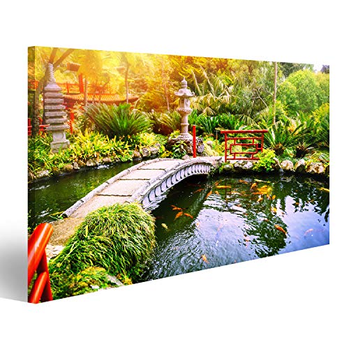 islandburner, Bild auf Leinwand Japanischer Garten mit schwimmenden Koi-Fischen im Teich. Naturhintergrund Wandbild Leinwandbild Kunstdruck Poster 100x57cm von islandburner,