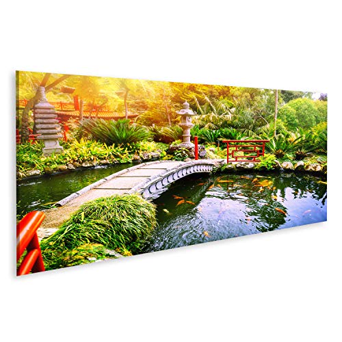 islandburner, Bild auf Leinwand Japanischer Garten mit schwimmenden Koi-Fischen im Teich. Naturhintergrund Wandbild Leinwandbild Kunstdruck Poster 120x40cm - Panorama von islandburner,