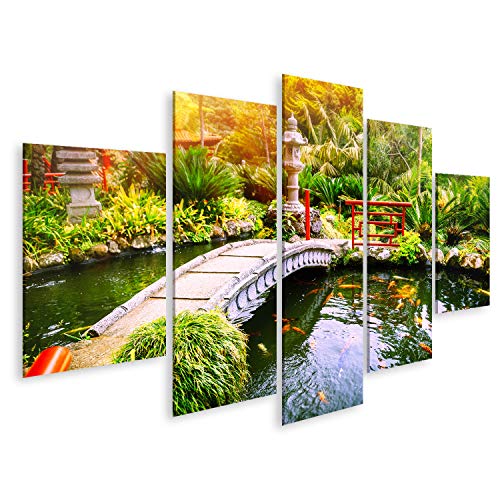 islandburner, Bild auf Leinwand Japanischer Garten mit schwimmenden Koi-Fischen im Teich. Naturhintergrund Wandbild Leinwandbild Kunstdruck Poster 170x80cm - 5 Teile von islandburner,