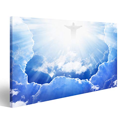islandburner, Bild auf Leinwand Jesus Christus am blauen Himmel mit Wolken, helles Licht vom Himmel, Auferstehung, Ostern Wandbild Leinwandbild Kunstdruck Poster 80x40cm von islandburner,