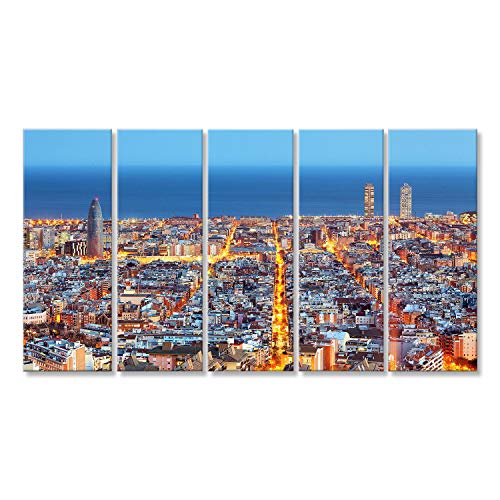 islandburner, Bild auf Leinwand Skyline von Barcelona, Luftaufnahme bei Nacht, Spanien Wandbild Poster Leinwandbild von islandburner,