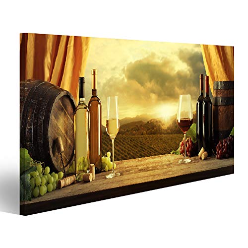 islandburner, Bild auf Leinwand Weinflaschen, Fässer und Weinberg bei Sonnenuntergang Wandbild Leinwandbild Kunstdruck Poster 80x40cm von islandburner,