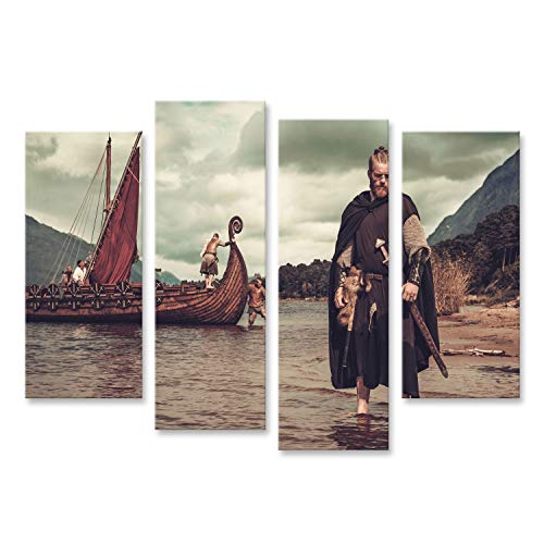 islandburner, Bild auf Leinwand Wikinger-Krieger mit Schwert bei Drakkar am Meer. Wandbild Leinwandbild Kunstdruck Poster 130x80cm - 4 Teile von islandburner,