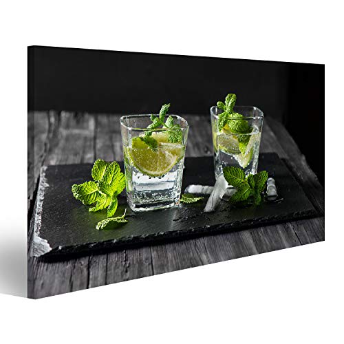 islandburner, Bild auf Leinwand Zwei Gläser Mojito-Cocktail auf einem schwarzen Schiefertafel mit Kopiermöglichkeit für Text Wandbild Leinwandbild Kunstdruck Poster 80x40cm von islandburner,