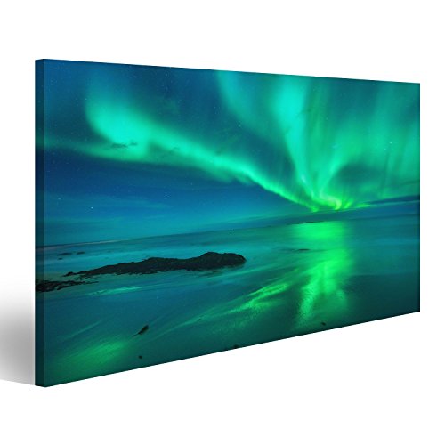 islandburner Bild Bilder auf Leinwand Aurora auf dem Meer. Nordlichter in Lofoten-Inseln, Norwegen. Sternenhimmel mit Polarlichtern. Nacht Wandbild, Poster, Leinwandbild JTW von islandburner