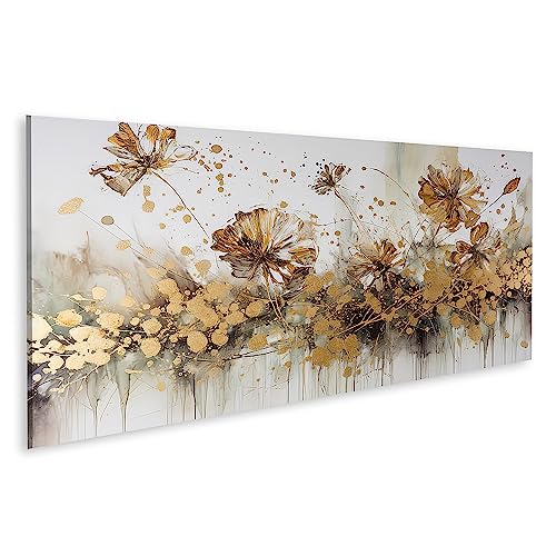 islandburner Bild auf Leinwand Abstrakte Florale Ölgemälde Gold Blume Platzen Weiß Golden Bilder Wandbilder Poster JCJR-Pano von islandburner