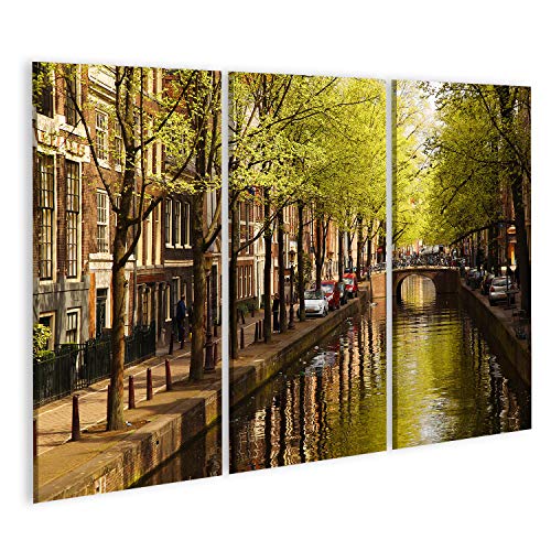 islandburner Bild auf Leinwand Amsterdam Kanal Holland Grün Innenstadt Wandbild Leinwandbild Bilder für Wohnzimmer GCWQ-3P von islandburner