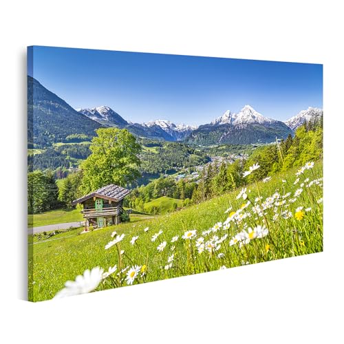 islandburner Bild auf Leinwand Berghütte mit Blumen und Alpenpanorama im Frühling Bilder Wandbilder Poster von islandburner