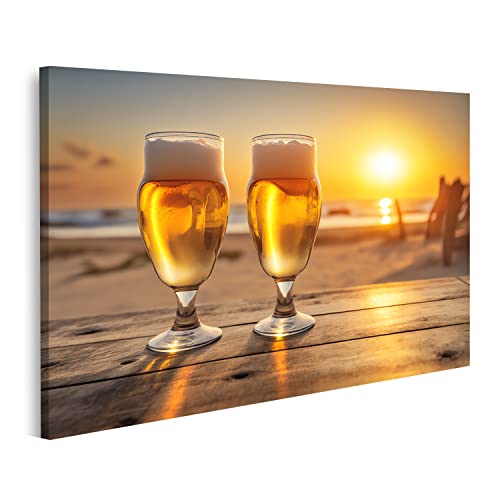 islandburner Bild auf Leinwand Bier Strand Kaltes Bierglas Schöne Küste Strand Ruhiges Meer Bier Bilder Wandbilder Poster ITPJ-1P von islandburner