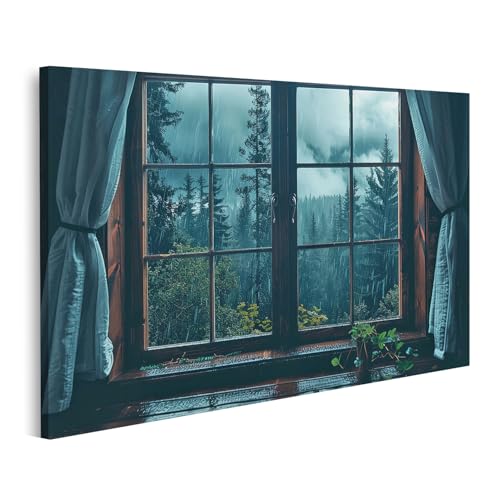 islandburner Bild auf Leinwand Blick aus einem verregneten Fenster auf den Wald für Wohnzimmer Naturliebhaber Café Bilder Wandbilder Poster von islandburner