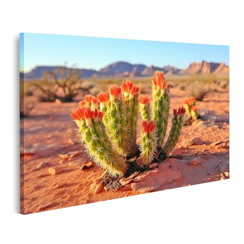 islandburner Bild auf Leinwand Blühender Kaktus vor Wüstenlandschaft Bilder Wandbilder Poster von islandburner