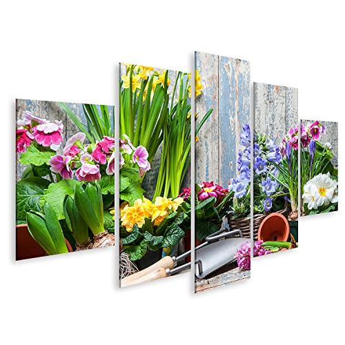 islandburner Bild auf Leinwand Blumengarten Bunte Blumen Töpfe Erde Vor Holzwand Bilder Wandbilder Poster von islandburner