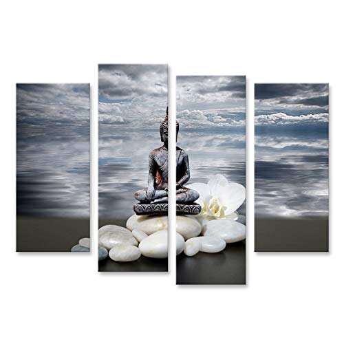 islandburner Bild auf Leinwand Buddha Zen Stein Weiße Orchidee Blumen Dunkler Himmel Wolken Reflektiertes Wasse Bilder Wandbilder Poster GDIX-4erP von islandburner