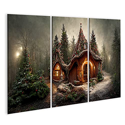 islandburner Bild auf Leinwand Das Haus vom Weihnachtsmann im Zauberwald schön geschmückte Weihnachten Deko 3 Bilder Wandbilder Poster von islandburner