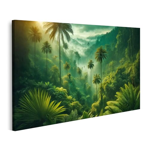 islandburner Bild auf Leinwand Dichter Regenwald mit Palmen und nebelverhangenen Hügeln Bilder Wandbilder Poster von islandburner