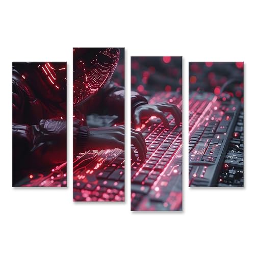 islandburner Bild auf Leinwand Eine maskierte Figur tippt intensiv auf einer Tastatur an einem Schreibtisch Büro IT-Dienstleistungsunternehmen Wandbilder Bilder von islandburner