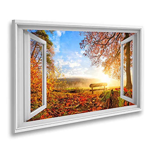 islandburner Bild auf Leinwand Fensterblick Herbstlandschaft mit der Sonne, die eine Bank unter einem Baum warm erleuchtet Viel Blattgold und Blaue Haut Sagenhafter Effekt Wandbild Leinwandbild XCYZ von islandburner