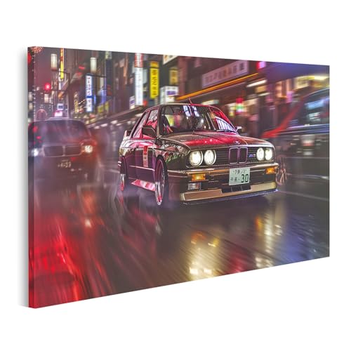 islandburner Bild auf Leinwand Klassischer BMW in der neonbeleuchteten Stadtgeschwindigkeit für Garage Autoliebhaber Autowerkstatt Bilder Wandbilder Poster von islandburner