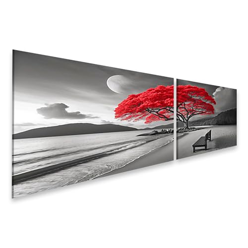 islandburner Bild auf Leinwand Leuchtend roter Baum an einem monochromen Strand Bilder Wandbilder Poster von islandburner