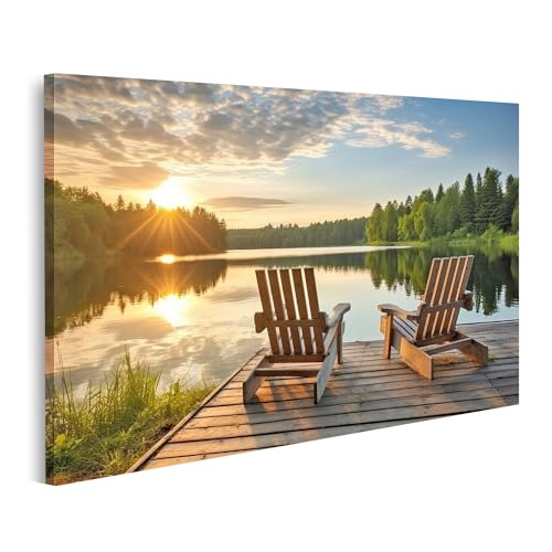 islandburner Bild auf Leinwand Liegestühle aus Holz die auf einen beruhigenden See ausgerichtet sind Bilder Wandbilder Poster von islandburner