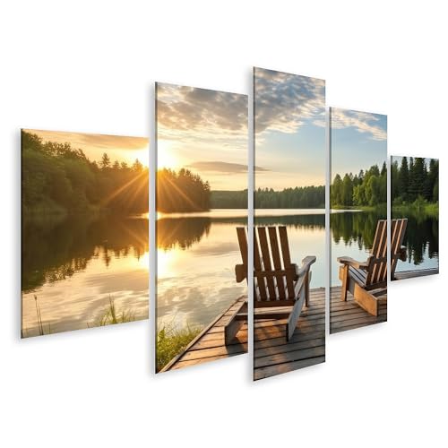 islandburner Bild auf Leinwand Liegestühle aus Holz die auf einen beruhigenden See ausgerichtet sind Bilder Wandbilder Poster von islandburner
