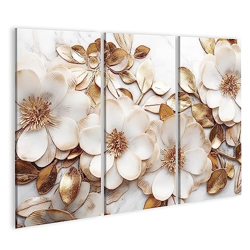 islandburner Bild auf Leinwand Marmor Textur Weiß Gold Farben Goldene Blumen Luxuriöses Design Tapete Generativ Bilder Wandbilder Poster JAXB-3P von islandburner