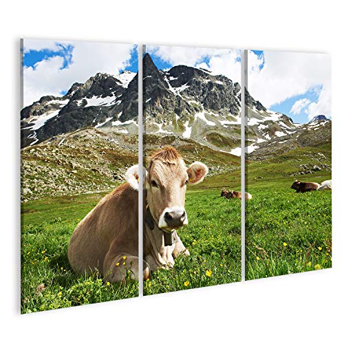 islandburner Bild auf Leinwand Milck Kuh Mit Beweidung Auf Schweiz Alpine Berge Grünem Gras Weide Über Blauen Himmel Wandbild Poster Kunstdruck Bilder von islandburner