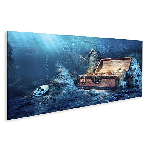 islandburner Bild auf Leinwand Offene Schatztruhe Helles Gold Unterwasser Wandbild Leinwandbild Bilder für Wohnzimmer GCJR-Pano von islandburner