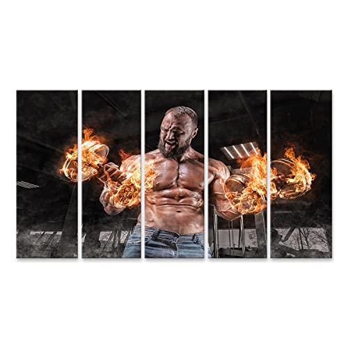 islandburner Bild auf Leinwand Profi Sportler Feuer Hanteln im Fitnessstudio Bizeps Pumpen Bodybuilding und Fit Bilder Wandbilder Poster ASXM-5P von islandburner