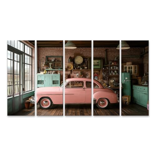 islandburner Bild auf Leinwand Rosa Auto in rustikaler Garage mit Vintage Dekor für Wohnzimmer Autoliebhaber Autohaus Bilder Wandbilder Poster von islandburner