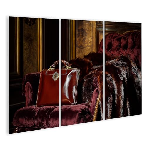 islandburner Bild auf Leinwand Rote Handtasche auf samtigem Sofa mit Pelz für Wohnzimmer Modebewusste Designergeschäft Bilder Wandbilder Poster von islandburner