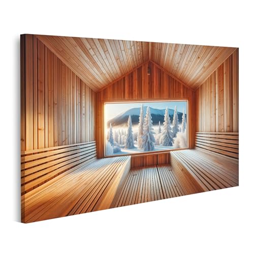 islandburner Bild auf Leinwand Sauna Ausblick auf Winterzauber – Stille Schönheit im Schneeglanz Bilder Wandbild Poster von islandburner