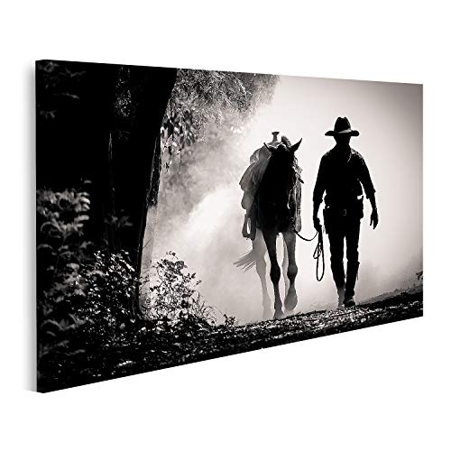 islandburner Bild auf Leinwand Schwarz Weiß Silhouette Cowboy Pferd Sonnenaufgang Bilder Wandbilder Poster von islandburner