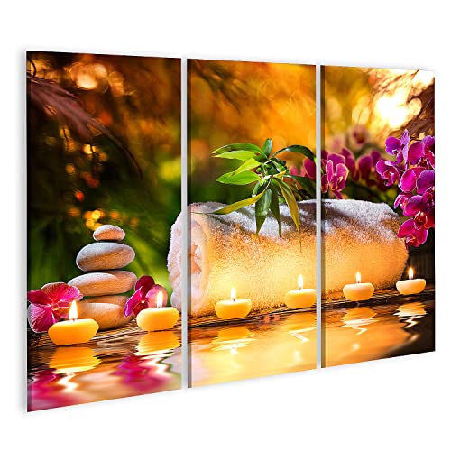 islandburner Bild auf Leinwand Spa Massage Pflanzen Kerzen Und Wasser Wandbild Poster Bilder 130x80cm - 3 Teile von islandburner