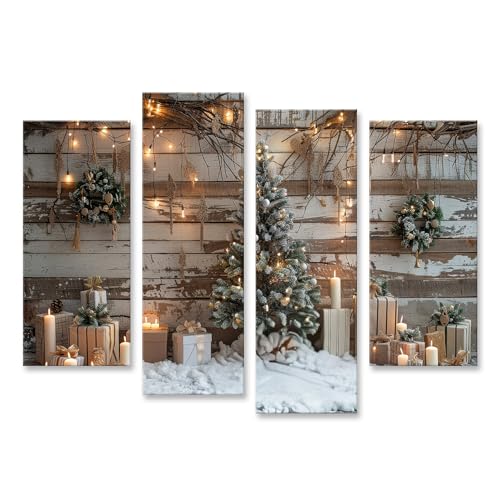 islandburner Bild auf Leinwand Verschneite Weihnachtsszene geschmückter Baum Kerzen Kleiner Weihnachtsbaum vor Holzwand Bilder Wandbilder Poster von islandburner