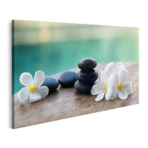 islandburner Bild auf Leinwand Weiß Frangipani mit schwarzen Steinen Spa Einstellungen Wandbild Leinwandbild Bilder für Wohnzimmer GBWA-1P von islandburner