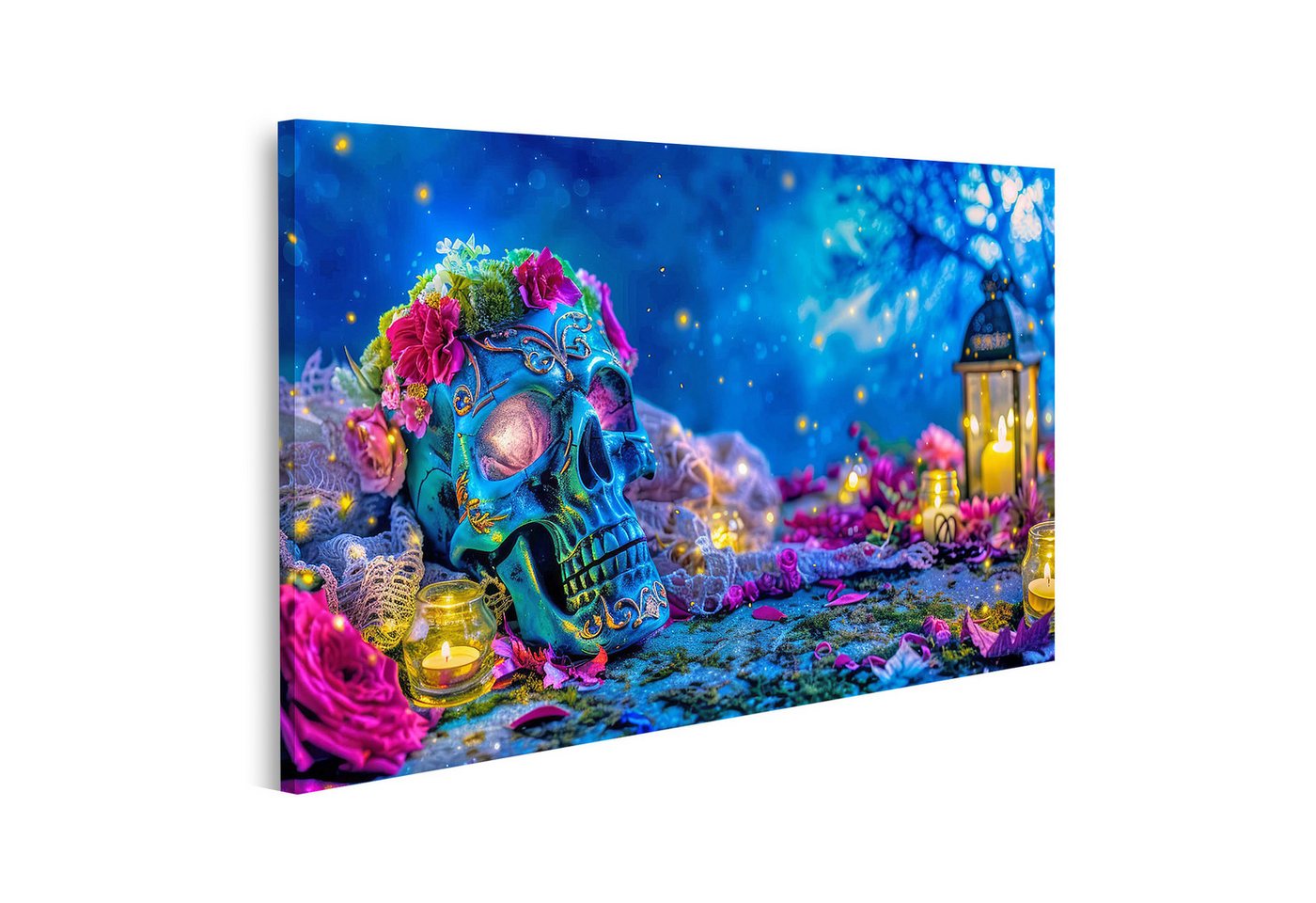 islandburner Leinwandbild, Blaue Totenschädel mit Blumen und Kerzen bei Nacht islandburner Leinwandbild, Blaue Totenschädel mit Blumen und Kerzen bei Nacht von islandburner