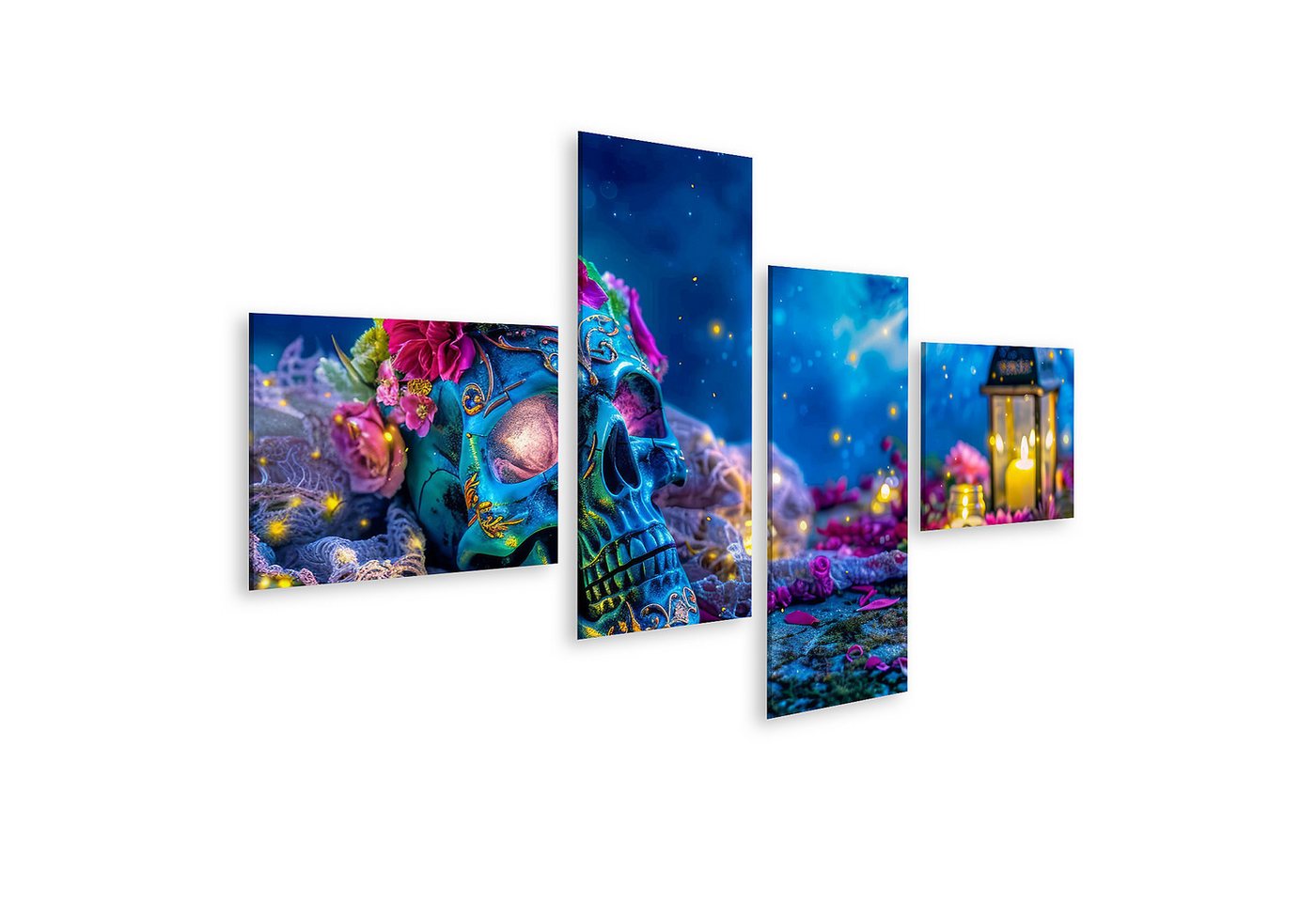 islandburner Leinwandbild, Blaue Totenschädel mit Blumen und Kerzen bei Nacht islandburner Leinwandbild, Blaue Totenschädel mit Blumen und Kerzen bei Nacht von islandburner