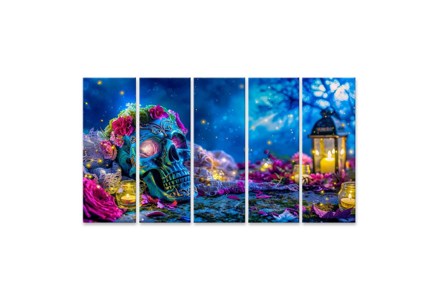 islandburner Leinwandbild, Blaue Totenschädel mit Blumen und Kerzen bei Nacht islandburner Leinwandbild, Blaue Totenschädel mit Blumen und Kerzen bei Nacht von islandburner