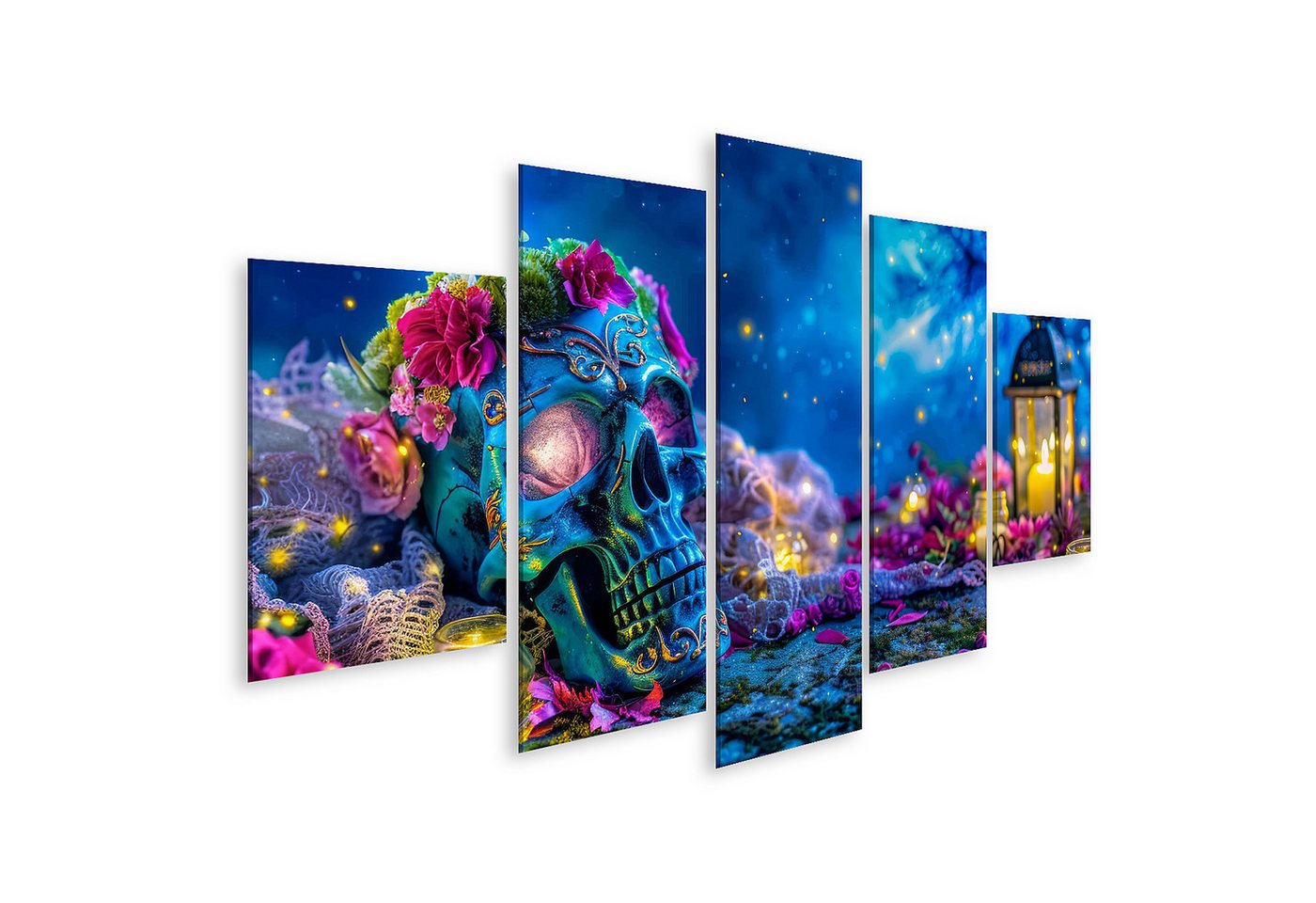 islandburner Leinwandbild, Blaue Totenschädel mit Blumen und Kerzen bei Nacht islandburner Leinwandbild, Blaue Totenschädel mit Blumen und Kerzen bei Nacht von islandburner