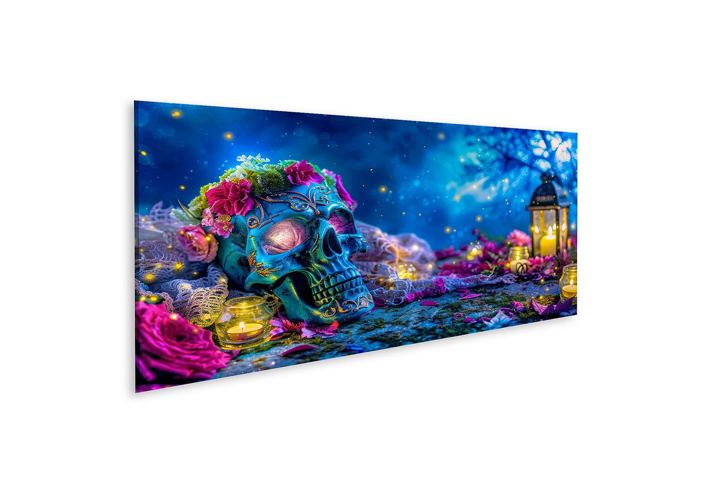 islandburner Leinwandbild, Blaue Totenschädel mit Blumen und Kerzen bei Nacht islandburner Leinwandbild, Blaue Totenschädel mit Blumen und Kerzen bei Nacht von islandburner