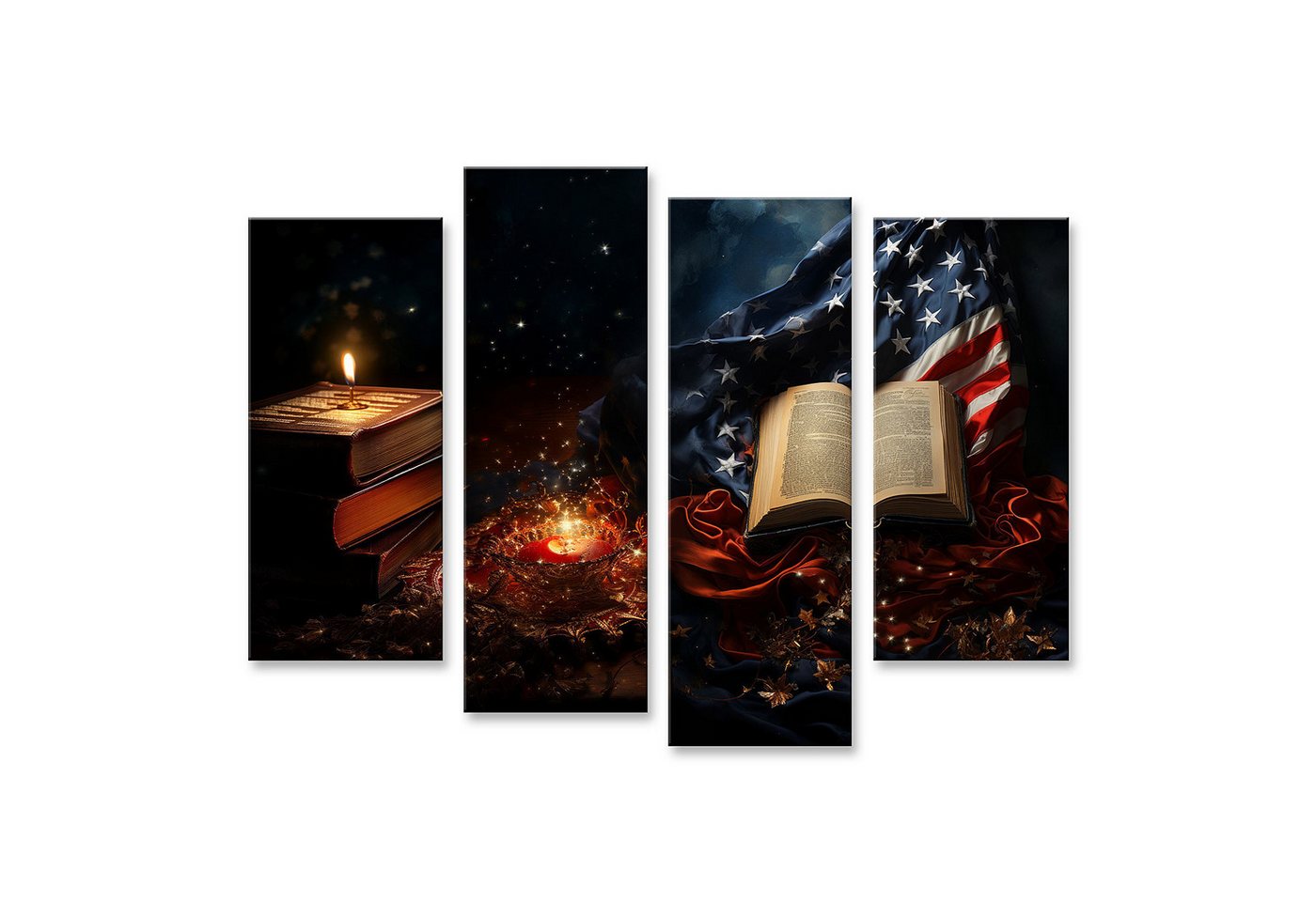 islandburner Leinwandbild, Bücher Kerze und amerikanische Flagge bei Nacht von islandburner