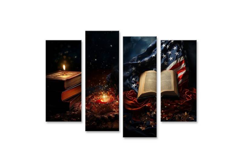 islandburner Leinwandbild, Bücher Kerze und amerikanische Flagge bei Nacht von islandburner