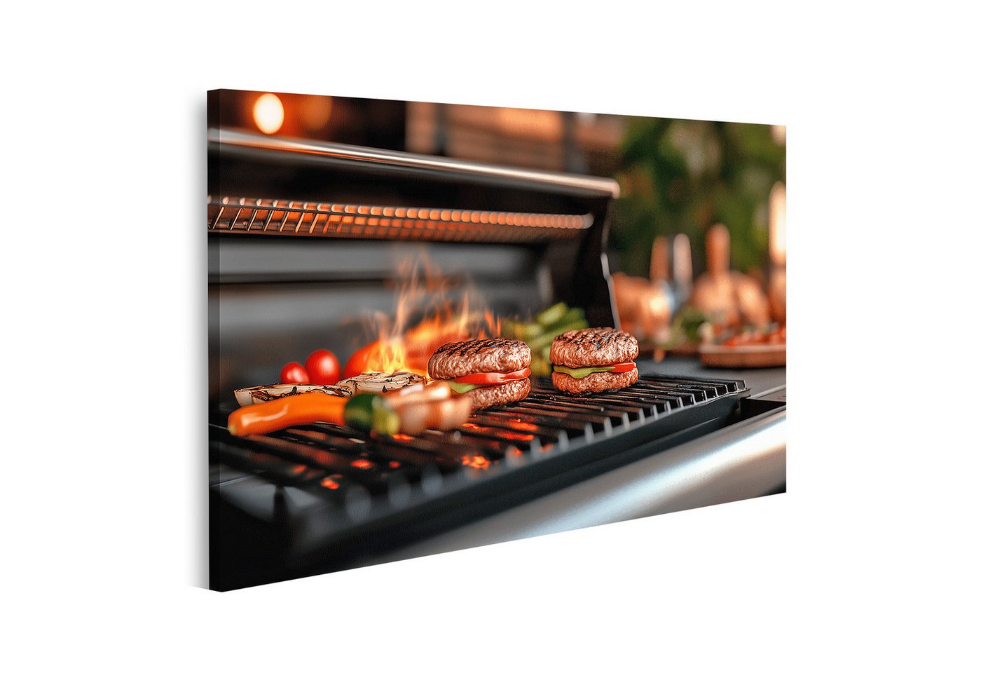 islandburner Leinwandbild, Burger auf dem Grill mit Flammen und Gemüse von islandburner